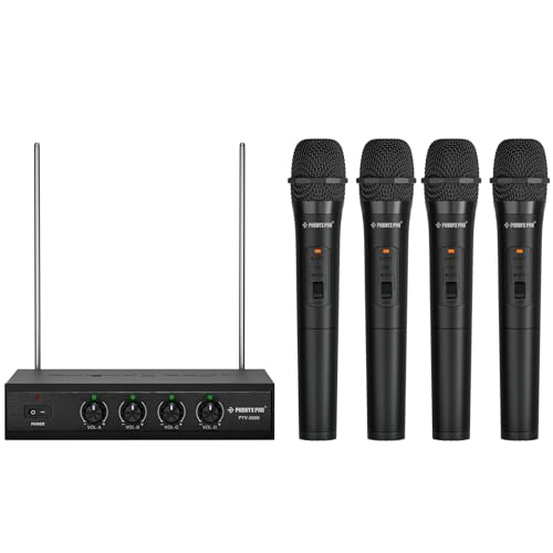 Phenyx Pro Wireless Microphone System, 4 Channel VHF Wireless Mics, w/ 4 Handheld Dynamic Microphones, Metal Receiver, Long Range, Microphone for Singing, Karaoke, Church PTV-2000A