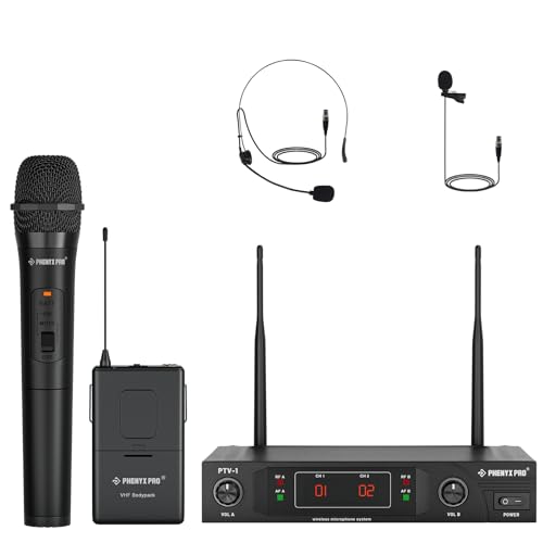 Phenyx Pro Wireless Microphone System, VHF Wireless Mic Set with Handheld Microphone/Bodypack/Headset/Lapel Mics, Stable Signal, Cordless Mic for Singing, Karaoke, Church, DJ PTV-1B