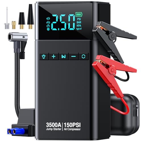 CZKBG Portable Car Jump Starter with Air Compressor, 3500A 150PSI Car Battery Jump Starter Battery Pack All Gas/10L Diesel, 12V Car Jump Box Car Battery Jumper Starter, Large LCD Display, 2 Lights