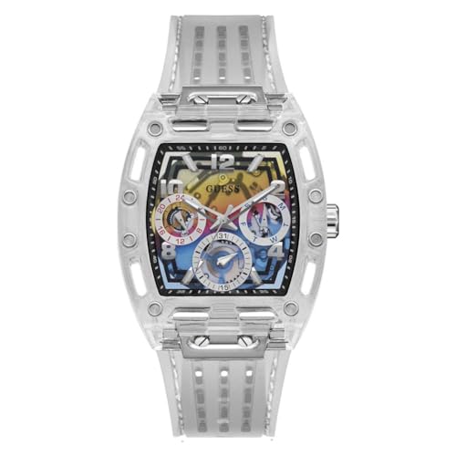 GUESS Mens 44 mm Watch - Clear Strap Rainbow Dial Clear Case