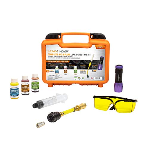 LEAKFINDER LF021 Auto Fluids Air Conditioning Refrigerant Leak Detection Kit - 1oz of A/C, Oil-Based Leak Detector Dye, Injector Syringe, UV Light, R134A Hose Coupler, Made in USA