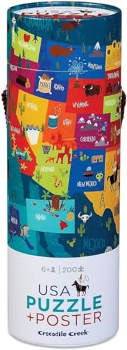 Crocodile Creek 200-Piece Jigsaw Puzzle for Ages 6 Years to Adult, Includes Poster, Heavy-Duty Storage Cylinder with Handle, USA Map