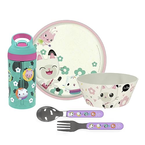 zak! 5-Piece Dinnerware Set, Gabbys Dollhouse - Durable Plastic Stainless Steel - Includes Water Bottle, 8-Inch Plate, 6-Inch Bowl, Fork Spoon - Suitable for Kids Ages 3+