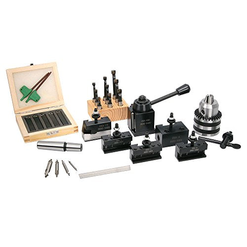 Mini Lathe Tooling Package - This tool set includes a drill chuck, boring bar set, center drills, cut off blade, tool post and turning tools - 0XA QCTP, LittleMachineShop.com 5207