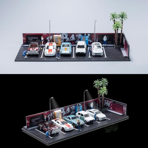 1/64 Diorama Garage, Garage and Display Case for Model Car, Scenic Diorama Display Car Park with 2 LED Street Lamps and 5 Outdoor Parking Spaces