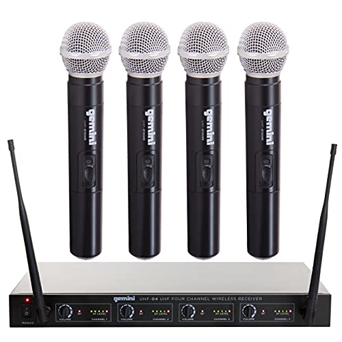 Gemini Sound UHF-04M Wireless Cordless Professional Set of 4 Handheld Microphones and Receiver for DJ, Karaoke, Stage Performance or PA System Four Pack