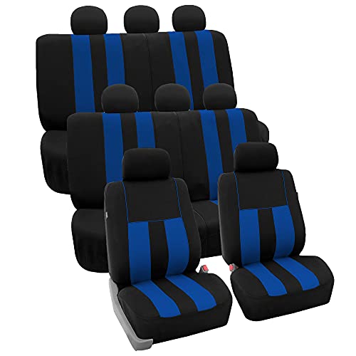 FH Group Three Row Set Striking Striped 7 Seater Car Seat Covers Airbag Split Bench Compatible Universal Fit for Cars Trucks SUVs Blue/Black