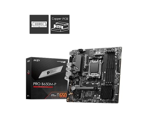 MSI PRO B650M-P ProSeries Motherboard AMD Ryzen 9000/8000/7000 Series Processors, AM5, DDR5, PCIe 4.0, M.2, SATA 6Gb/s, USB 3.2 Gen 2, HDMI/DP, 2.5Gbps LAN, mATX