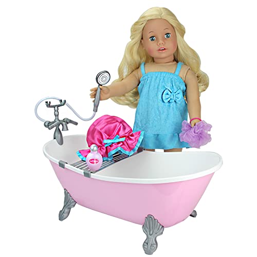 Sophia's Classic White Clawfoot Bathtub with Handheld Shower Head and Faucet Furniture Accessories Set for 18" Dolls, Light Pink and Blue Accessories Set