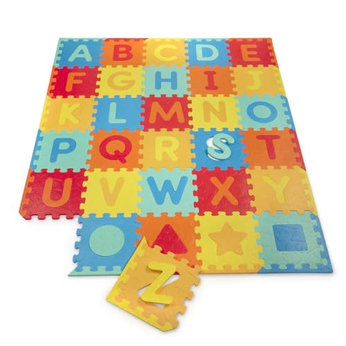 Battat 82 pcs Foam Alphabet Floor Mat - Large 55x65in Interlocking ABC Puzzle Mat- Floor Puzzle with Removable Shapes for Babies Toddlers- 0 Months