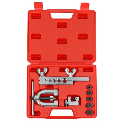 Flexzion Brake Line Flaring Tool Kit with Tubing Cutter - Single and Double Flare Tool Kit with 5 Adapters - 45 Degrees Brake Line Repair Kit for Copper, Aluminum, Brass, Magnesium, and Soft Steel