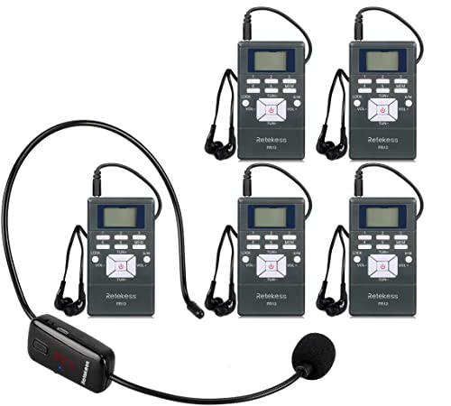 Retekess Wireless Microphone Headset System with 1 TR503 Transmitter and 5 PR13 FM Radio Receiver, Fm Listening System for Church,Training,SchoolCase of 1 Transmitter 5 Receivers