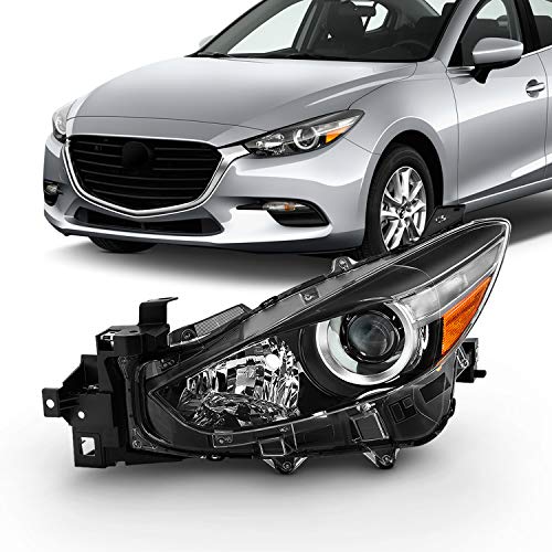 AKKON - Fits 2017 2018 Mazda 3 Sedan Hatchback Model Halogen Type Projector Headlight Black Headlamp Driver Left Side 17 18