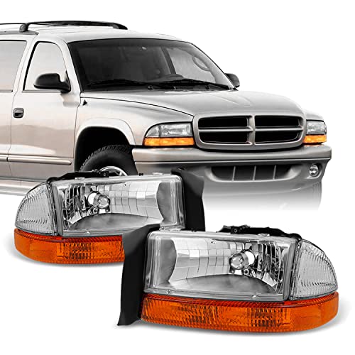 AKKON - Fits 1997-2004 Dodge Dakota 98-03 Durango Chrome Driver Left + Passenger Right Side Headlights +Signal Lamp Pair Set