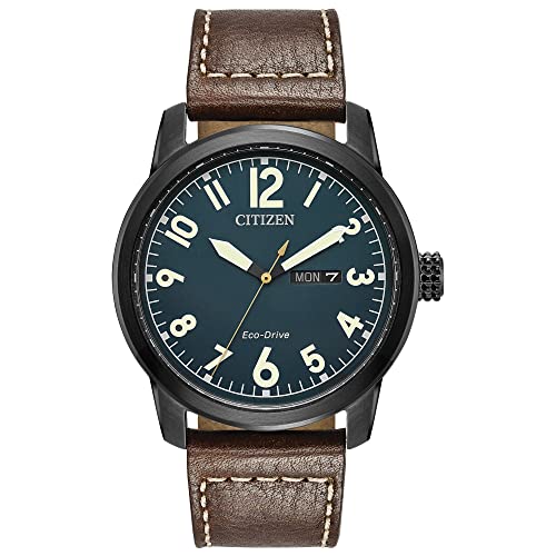 Citizen Men's Eco-Drive Weekender Garrison Field Watch in Black IP Stainless Steel with Brown Leather strap, Navy Dial Model: BM8478-01L