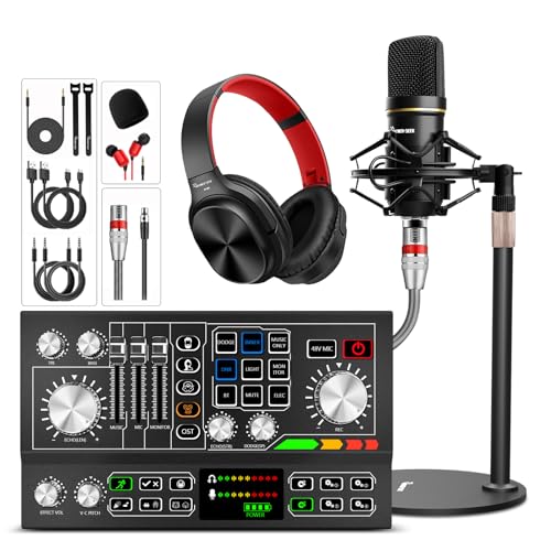 Podcast Equipment Bundle, Audio Interface DJ Mixer Podcast Microphone 48V Phantom Power Supply for Streaming Recording,Tiktok,Black