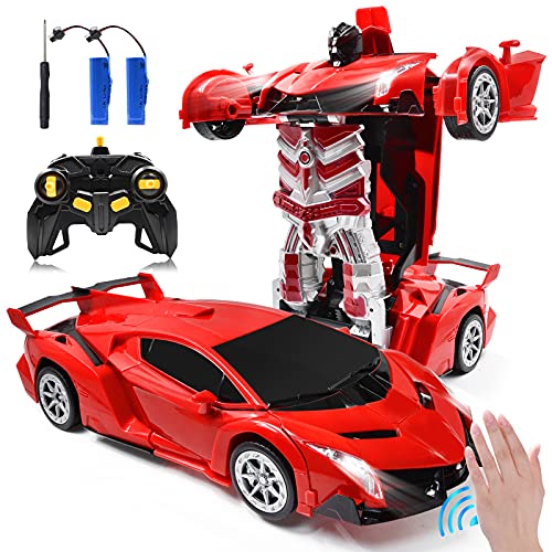 Zahooy RC Car Transforming Robot Model Toy,1:14 Gesture Sensing Drifting Remote Control Transform Vehicle,Deformed Racing with Realistic Engine Sounds One-Button Transformation for Boys Girls Red