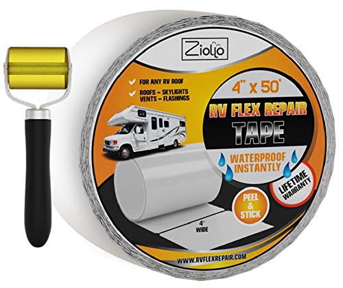 Ziollo RV Flex Repair Tape - Roof Seam Tape to Seal and Waterproof, Bond to EPDM Rubber with Butyl Sealant, Seal Vents and Skylights on Motorhomes, Trailers, Campers White, 4-inch x 50 Foot Roll