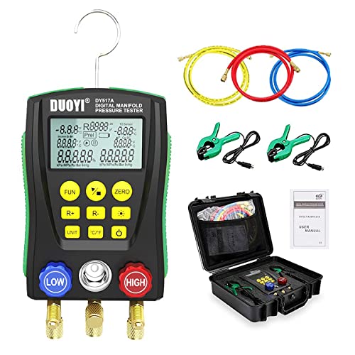 Refrigeration Digital Manifold Gauge Set for Air Conditioning/Refrigerator Digital Gauges HVAC with Double PressureTemp Test Manifold Digital, HVAC Gauges with Hose, Temperature Control Clip, Toolbox