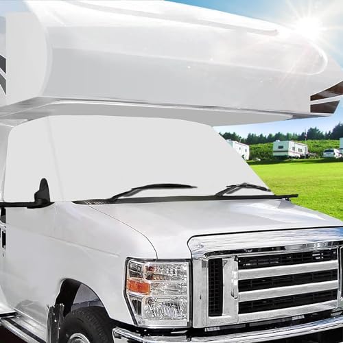 Mofeez RV Windshield Cover Compatible with Class C Ford 1997-2024, UV Block Offer Complete Privacy with Light Preserves Interior White Color with Mirror Cutouts