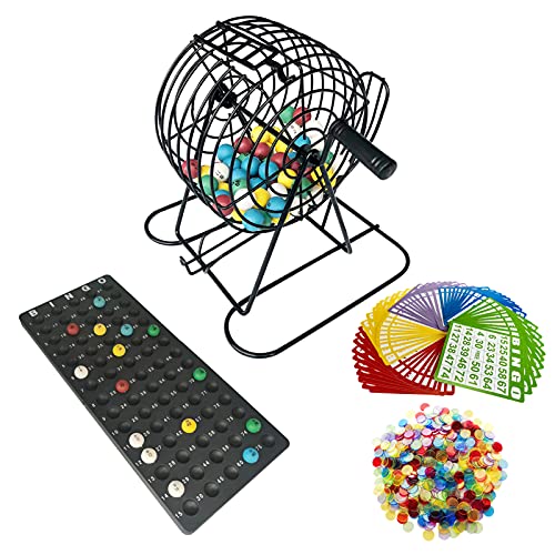 Yuanhe Deluxe Bingo Games Set - Metal Cage with Calling Board,50 Bingo Cards,300 Colorful Bingo Chips,75 Colored Balls, Great for Adults Kids Large Groups,Parties Events Family Game Nights