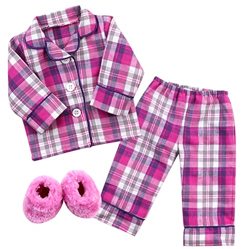 Sophia's Red Flannel Pajama Top with White Buttons, Pajama Bottoms with Black Piping, and White Fluffy Slippers 3 Piece Set for Boy or Girl 18" Dolls, Pink