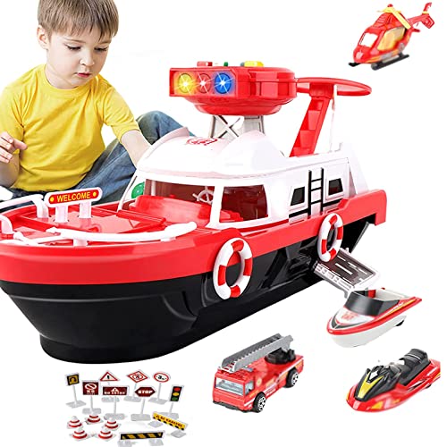 Ship Toy Set Boat Toys with Police Car and Mini Helicopter with Sound and Light Airplane Toys for Kids 4 5 6 Year red