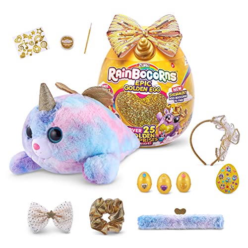 Rainbocorns Epic Golden Egg by ZURU Seal, Girls Toy Includes Stuffed Animal with 25+ Golden Surprises, with Rings, Stickers, Bows, and More - Girls Gift Idea