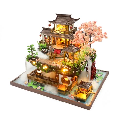 Yuzhen DIY Miniature Dollhouse with Furniture and LED Lights, Large Ancient Style Wooden Dollhouse Includes Dustcover and Music Movement