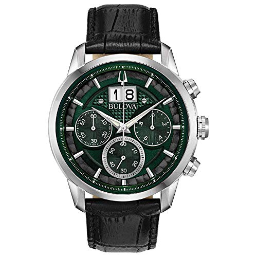 Bulova Men's Classic Sutton 6-Hand Chronograph Calendar "Big Date" Leather Strap Quartz Watch, Domed Mineral Crystal, 44mm