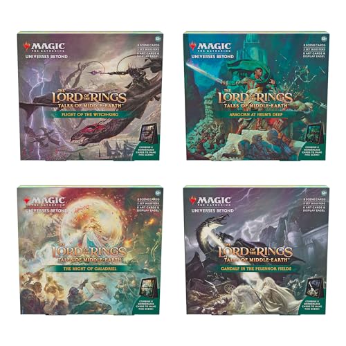 Magic: The Gathering The Lord of The Rings: Tales of Middle-earth Scene Boxes - All 4 Aragorn at Helms Deep, Flight of The Witch-king, The Might of Galadriel, and Gandalf in Pelennor Fields