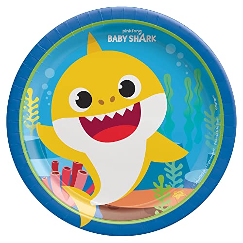 Amscan Round Plates, 7" 8-Pack - Vibrant Premium Quality Party Plates, Perfect for Parties Events, Baby Shark