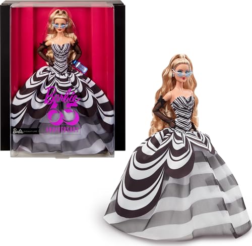 Barbie Signature Doll, 65th Anniversary Collectible with Blonde Hair, Black White Gown, Sapphire Gem Earrings Sunglasses