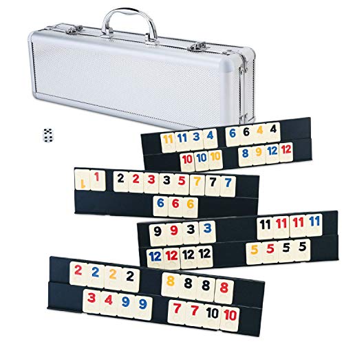 106 Rummy Tiles Game, Rummy Cube Sets Travel Game Outlasting Color with Aluminum Case 4 Anti-Skid Durable Trays. Board. 106 Tile, 4 Players. Deluxe Edition.