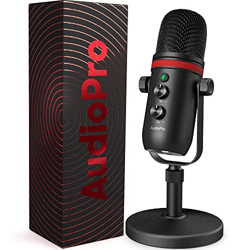 AUDIOPRO USB Microphone, Computer Condenser Gaming Mic for PC/Laptop/PS4/5, Headphone Output, Volume Control, USB Type C Plug and Play, LED Mute Button, for Streaming, Podcast, Studio Recording