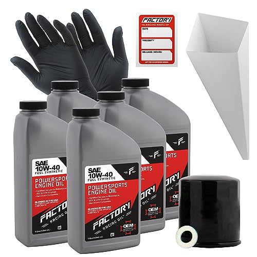 Factory Racing Parts Oil Change Kit compatible with Kawasaki ZR900 ZX1400 ZZR1400 VN1700 KRT800 Includes 5 Qts of 10W-40 Full Synthetic Oil, 1 Filter, 1 Crush Washer, 1 Funnel, 1 Oil Change Sticker