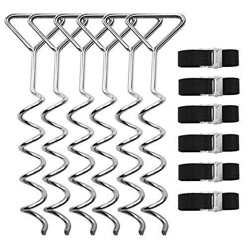 Blanketown Trampoline Stakes Heavy Duty, High Wind Anchors Tie Down Ground Anchor Kit Stakes for Trampoline, Corkscrew Shape, Galvanized Steel, Anti-Rust, Pack of 6 with 6 Belt, Trampoline Accessories