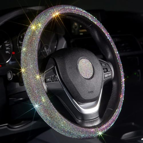 Carwales Car Bling Steering Wheel Cover for Women Girls 15 Inch Universal Colorful Crystal Rhinestone Diamond Rainbow Bling Accessories Anti Slip Wheel Protector Sparkling, Black