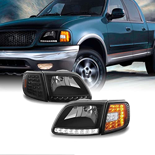 AKKON - For 97-03 Ford F150 97-02 Expedition Black DRL LED Headlights w/LED Corner Signal Lights Replacement