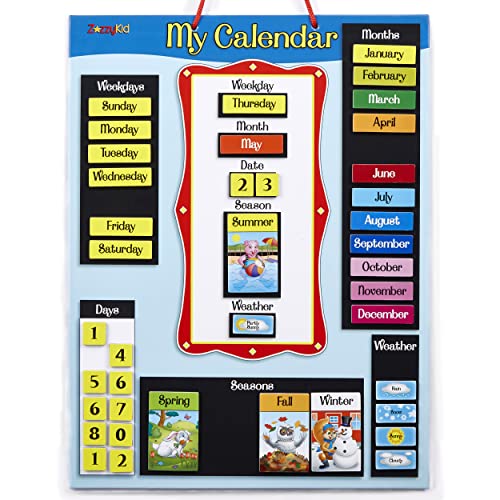 ZazzyKid Magnetic Calendar Weather Chart for Kids - Preschool Daily Calendar Learning for Days of the Week, Months, Weather Season Blue