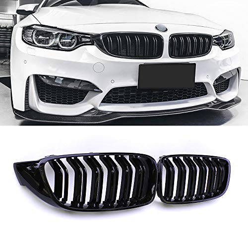 SNA F32 Kidney Grill Fit for BMW 4 Series F32 F33 F36 2014-2019 F82 M4 F80 M3 2015-2019 Black Double Slats ABS Grille, 2-pc Set