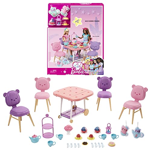 Barbie Tea Party Playset for Preschoolers, My First Barbie Tea Party Playset and Accessories, Preschool Toys and Gifts, Tea Party with 18 Storytelling Pieces, Two Plush Items, from 3 Years, HMM65