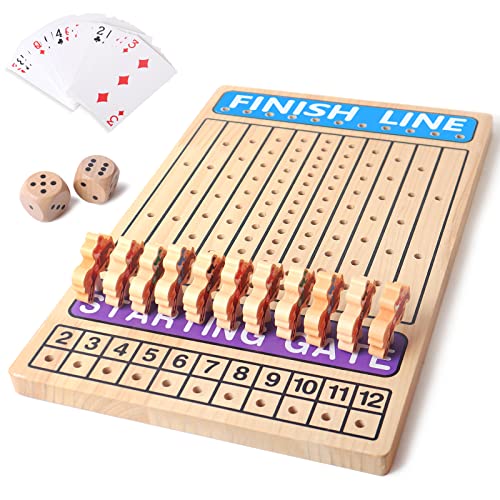 Horse Racing Board Game Equipped with 11 Deluxe Wooden Craft Horse Thickened Pine Game Board, Poker and dice for Children's Family Games Brain Teaser Gambling Game Chess