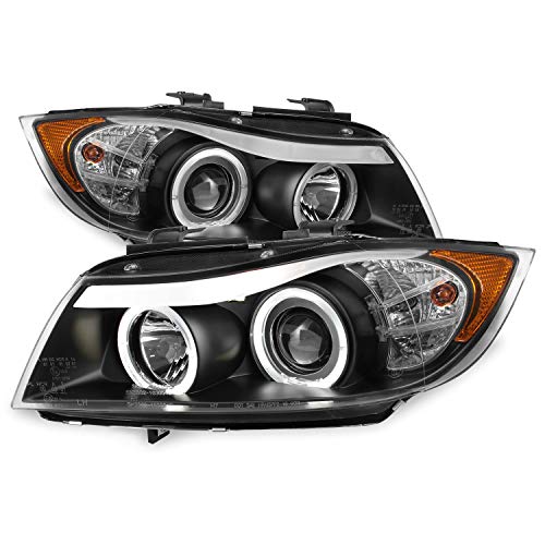 AKKON - For 06-08 BMW E90 3-Series 4 Doors Sedan Black Bezel Halogen Type LED Halo Ring Eye Lid Projector Headlights