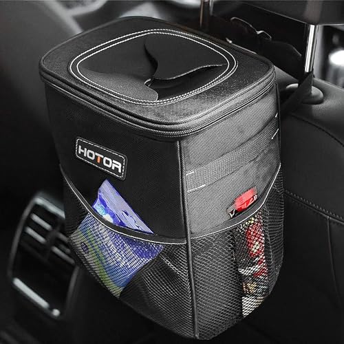 HOTOR Car Trash Can with Lid and Storage Pockets - 100 Leak-Proof Organizer, Waterproof Garbage Can, Multipurpose Trash Bin for Car, 2 Gallons, Black