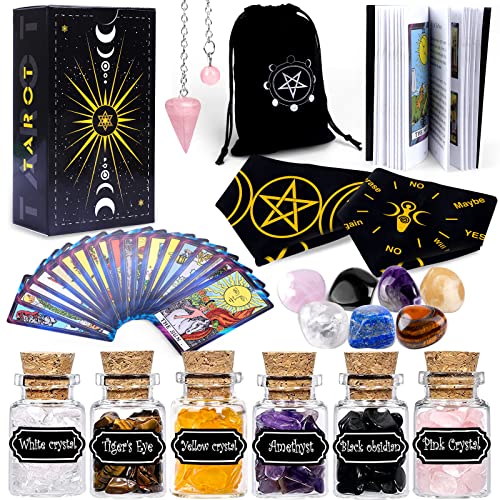 YixangDD Tarot Cards with Guide Book 18 Pcs Include 1 Deck of 78 Cards 6 Mini Crystal Jars7 Chakra Stones,1 Spirit Pendulum1 Cloth 1Goddess of Earth Pendulum mat1 Velvet Bag