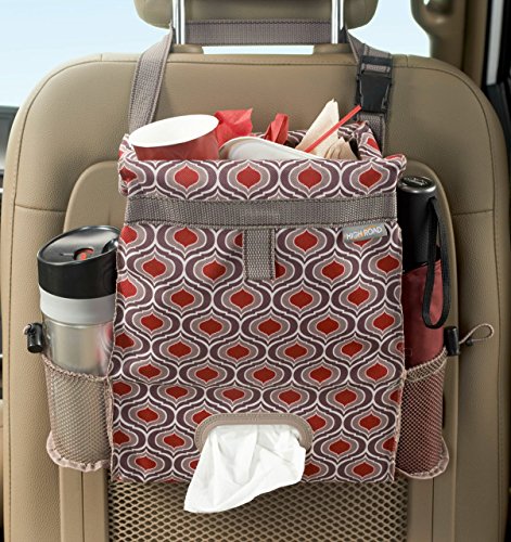 High Road Car Back Seat Trash Bag with Car Tissue Holder and Cup Holder Pockets - Holds Full Size Tissue Box - 2 Gal Covered Car Trash Can