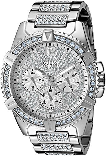 GUESS Stainless Steel Crystal Embellished Bracelet Watch with Day, Date + 24 Hour Military/Int'l Time. Color: Silver-Tone Model: U0799G1