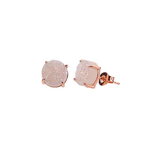 White Druzy Gemstone 10mm Stud Earrings (Rose Gold) for Women - Gift Idea