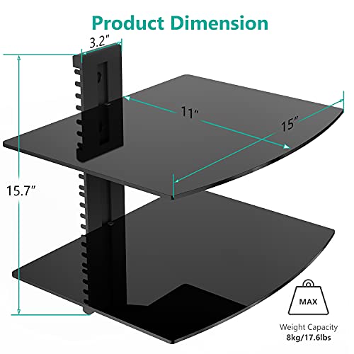 WALI CS202B Wall Mounted Shelf with Tempered Glass (for DVDs, Cable Boxes, Consoles, Accessories) - 2 Shelves, Black